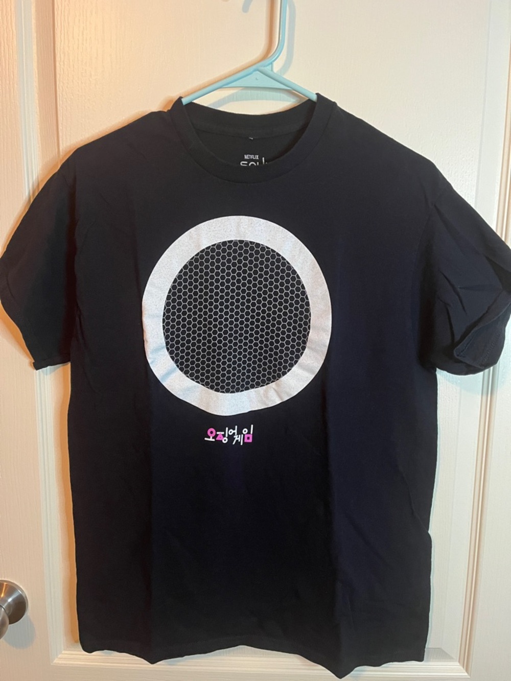 Kids Squid Game Black Short Sleeve Tee with Circular Mesh Graphic Sz M